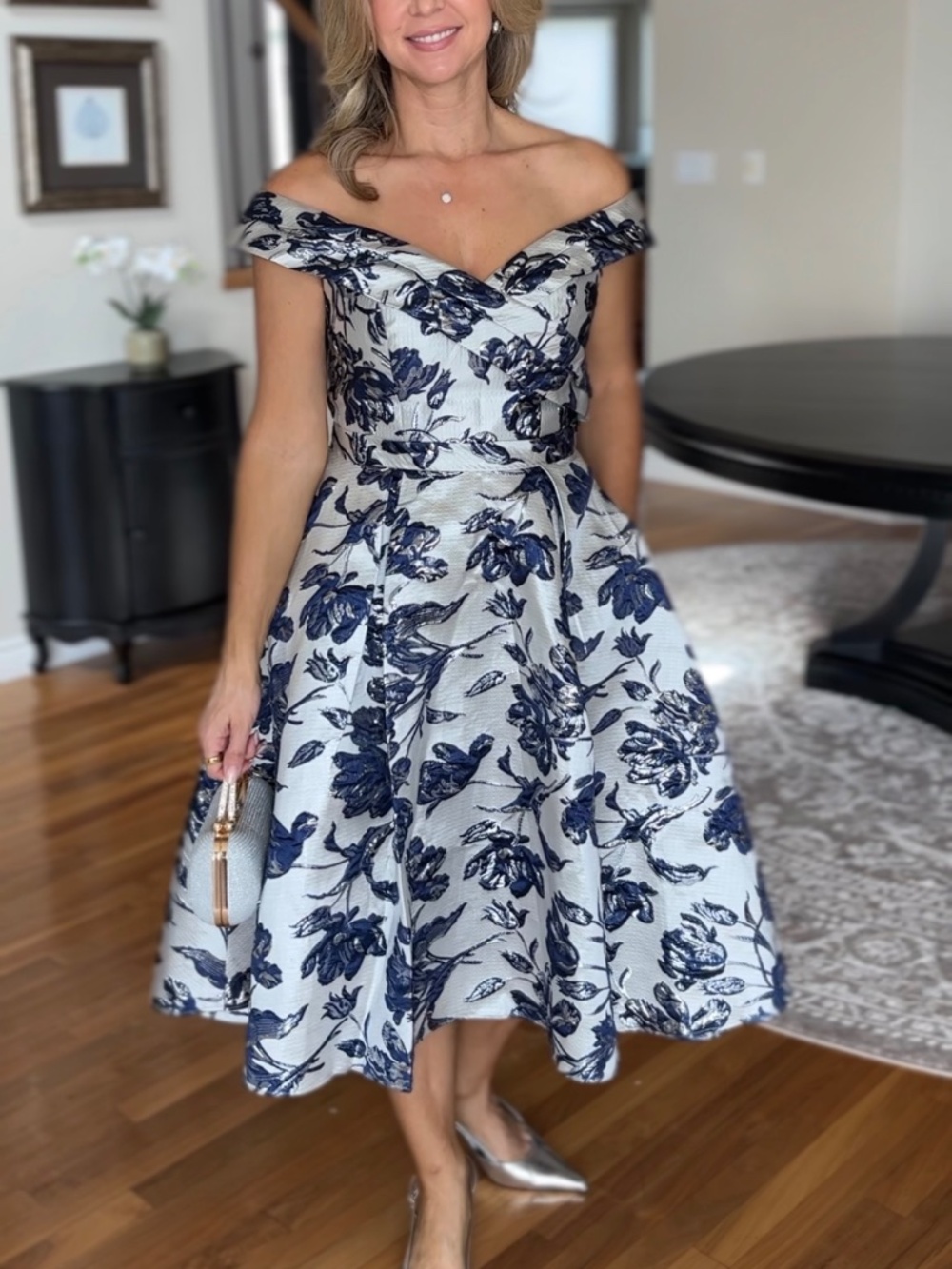 NWT - JJ's House Janae Off the Shoulder Floral Print Jacquard Midi Dress